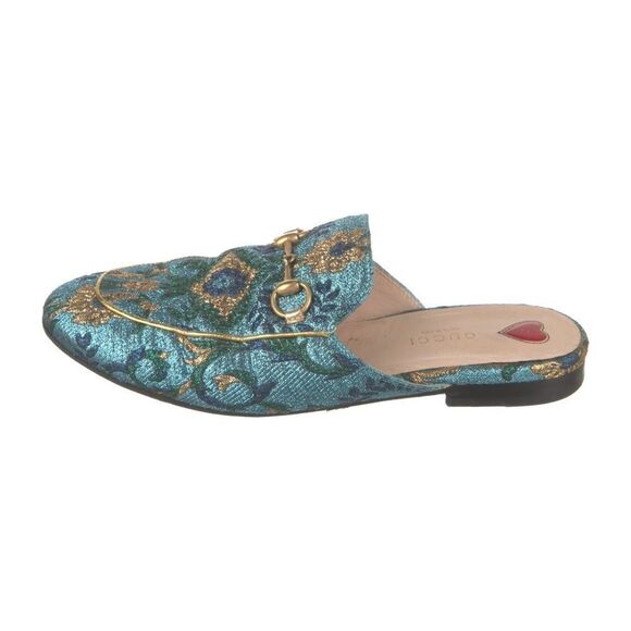 Gucci Princetown Slipper Slides Blue Gold Horsebit Mules - Picture 3 of 10